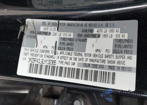 2020 Mazda Mazda3 Select Package из США, поврежденный, VIN 3MZBPACL9LM132365